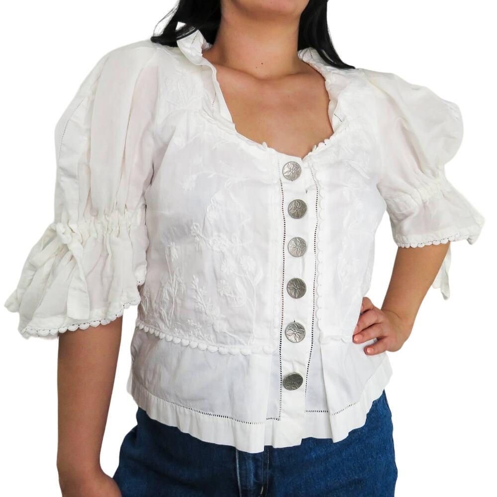 Vintage Umberto Ginocchoetti Victorian White Puff Sleeve Blouse Silver Buttons